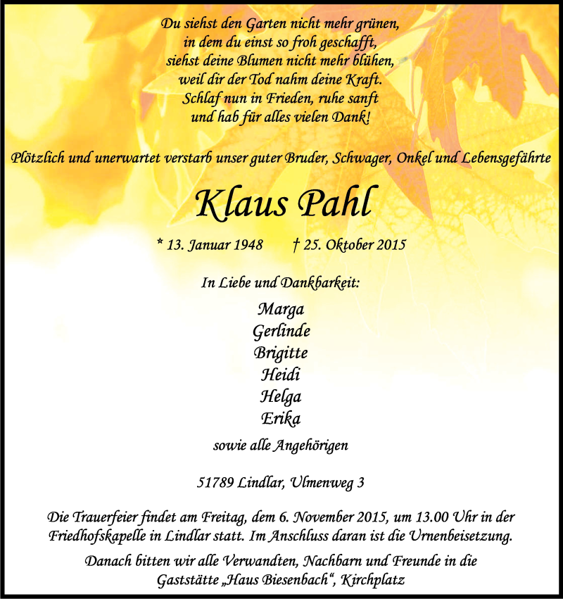  Traueranzeige für Klaus Pahl vom 31.10.2015 aus Kölner Stadt-Anzeiger / Kölnische Rundschau / Express