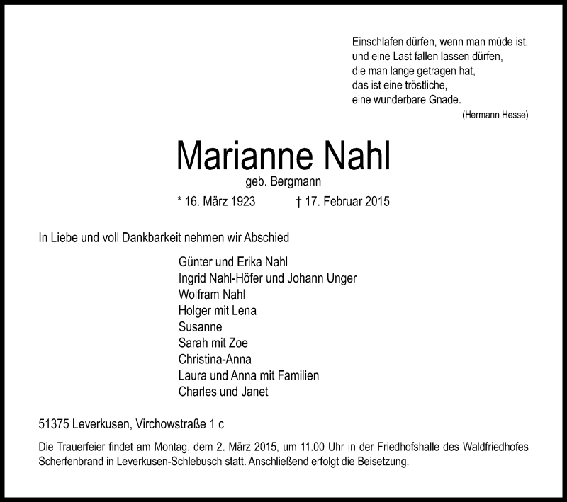  Traueranzeige für Marianne Nahl vom 25.02.2015 aus Kölner Stadt-Anzeiger / Kölnische Rundschau / Express