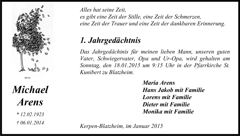  Traueranzeige für Michael Arens vom 16.01.2015 aus Kölner Stadt-Anzeiger / Kölnische Rundschau / Express