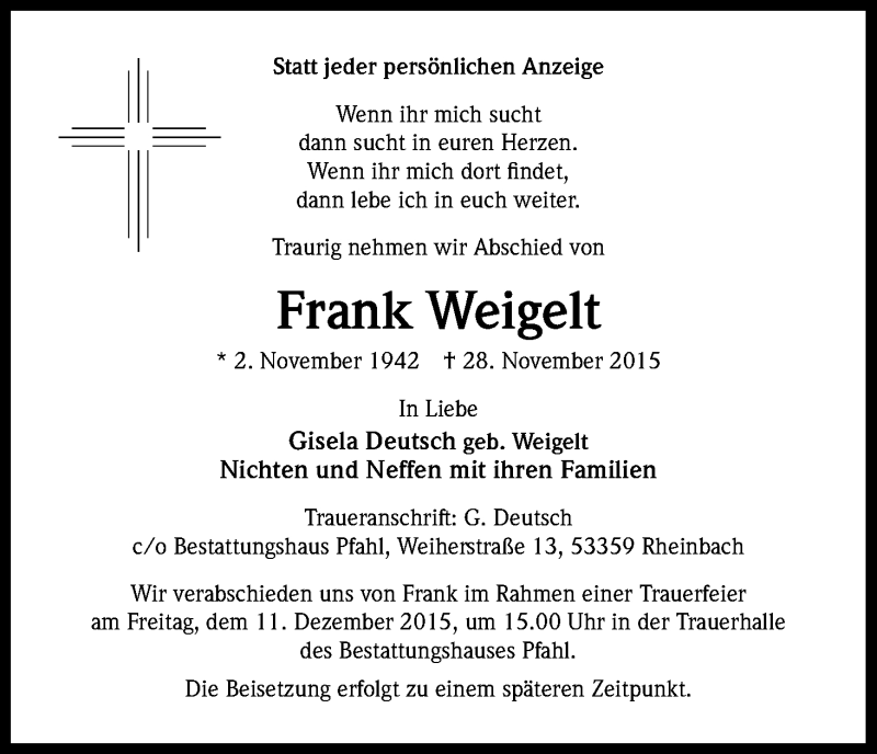  Traueranzeige für Frank Weigelt vom 05.12.2015 aus Kölner Stadt-Anzeiger / Kölnische Rundschau / Express