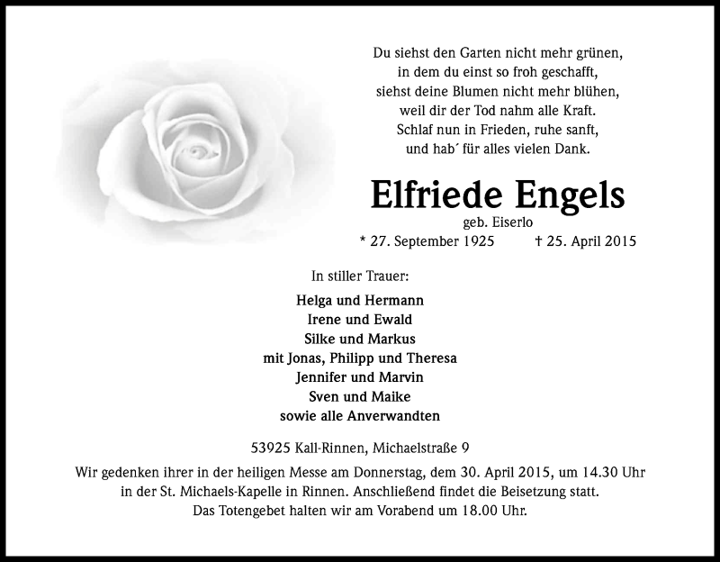  Traueranzeige für Elfriede Engels vom 28.04.2015 aus Kölner Stadt-Anzeiger / Kölnische Rundschau / Express