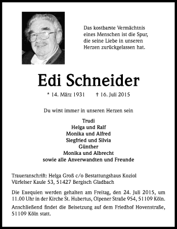 Anzeige von Edi Schneider von Kölner Stadt-Anzeiger / Kölnische Rundschau / Express