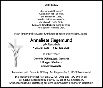 Anzeige von Anneliese Siegmund von Kölner Stadt-Anzeiger / Kölnische Rundschau / Express