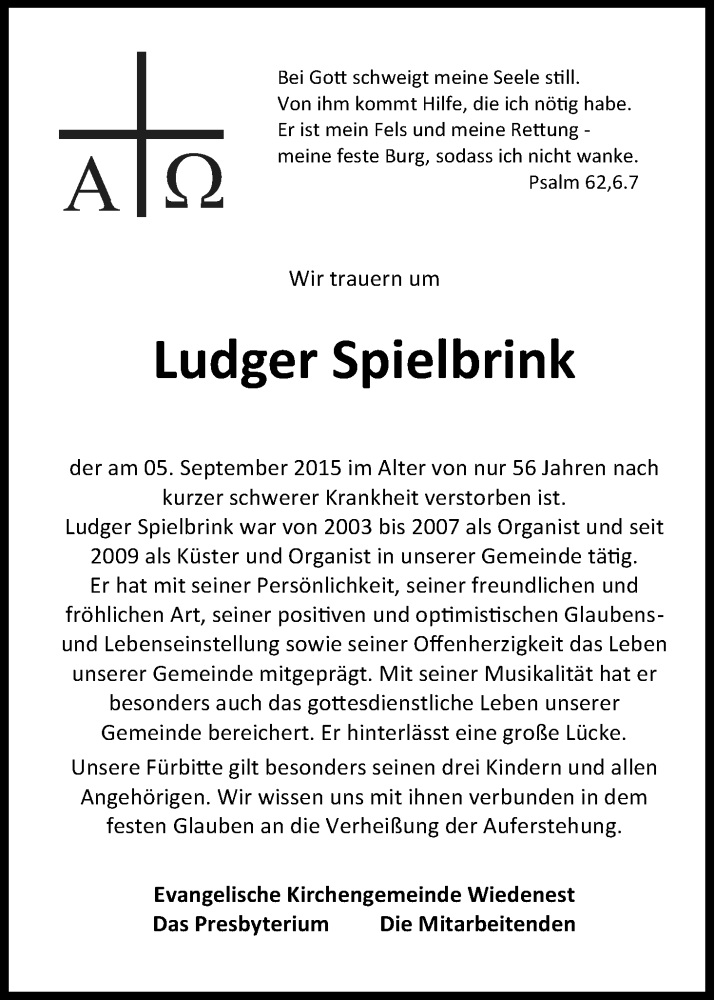  Traueranzeige für Ludger Spielbrink vom 12.09.2015 aus Kölner Stadt-Anzeiger / Kölnische Rundschau / Express