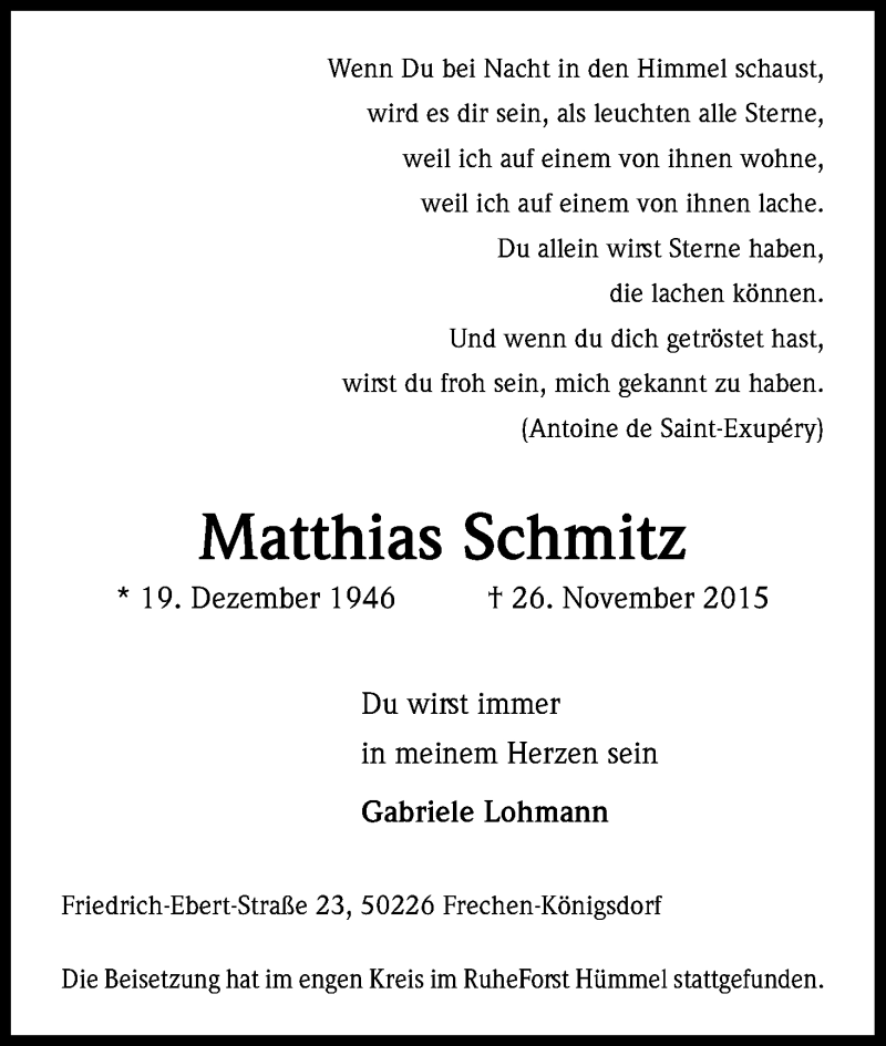  Traueranzeige für Matthias Schmitz vom 12.12.2015 aus Kölner Stadt-Anzeiger / Kölnische Rundschau / Express
