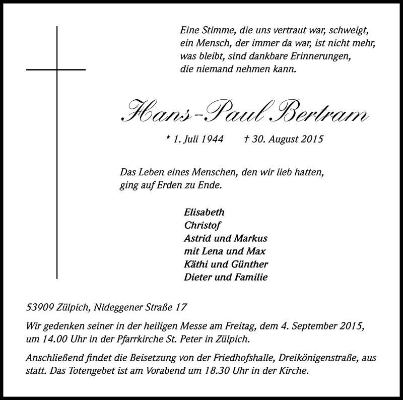  Traueranzeige für Hans-Paul Bertram vom 03.09.2015 aus Kölner Stadt-Anzeiger / Kölnische Rundschau / Express