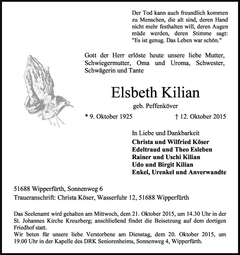  Traueranzeige für Elsbeth Kilian vom 15.10.2015 aus Kölner Stadt-Anzeiger / Kölnische Rundschau / Express