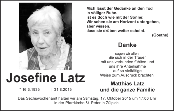 Anzeige von Josefine Latz von  Blickpunkt Euskirchen 