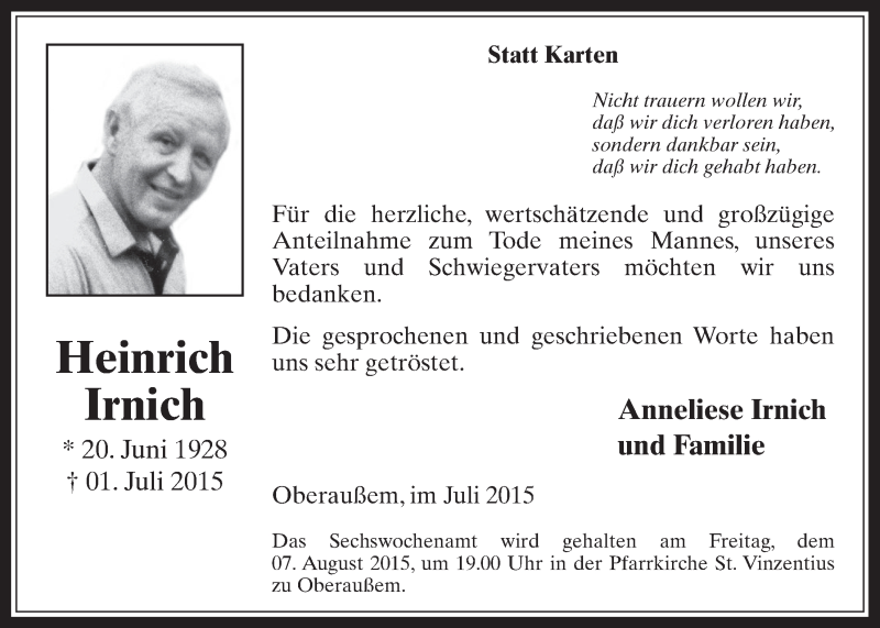  Traueranzeige für Heinrich Irnich vom 29.07.2015 aus  Werbepost 