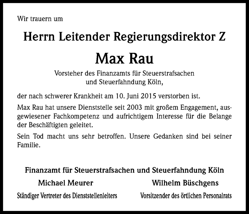  Traueranzeige für Max Rau vom 18.06.2015 aus Kölner Stadt-Anzeiger / Kölnische Rundschau / Express