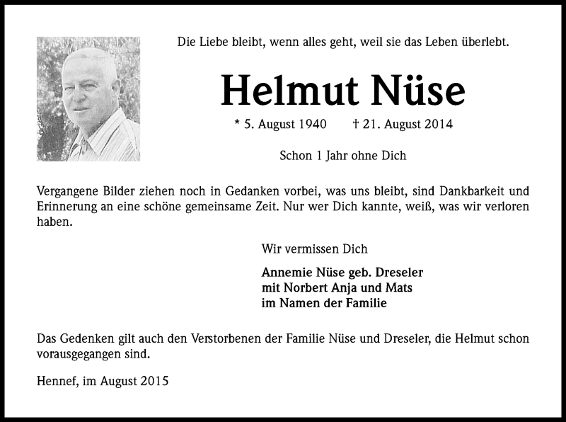  Traueranzeige für Helmut Nüse vom 24.08.2015 aus Kölner Stadt-Anzeiger / Kölnische Rundschau / Express