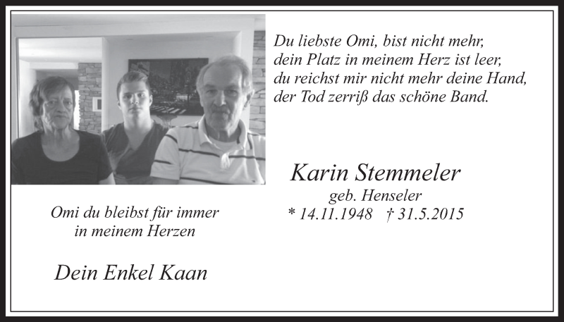  Traueranzeige für Karin Stemmeler vom 17.06.2015 aus  Wochenende 