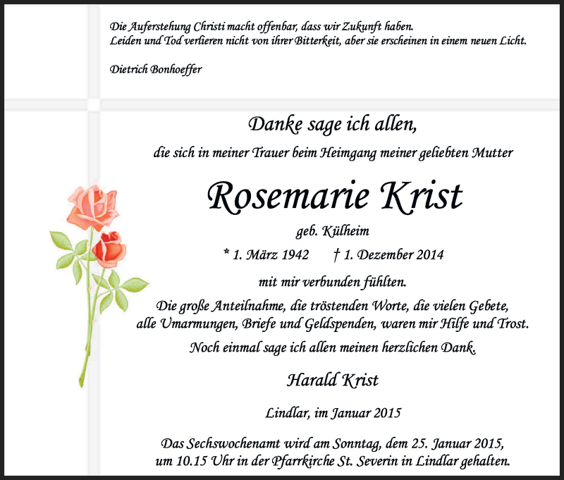  Traueranzeige für Rosemarie Krist vom 21.01.2015 aus Kölner Stadt-Anzeiger / Kölnische Rundschau / Express