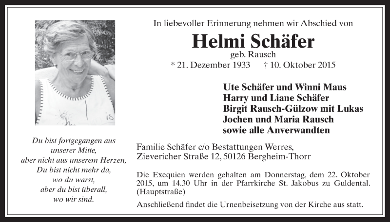  Traueranzeige für Helmi Schäfer vom 21.10.2015 aus  Werbepost 