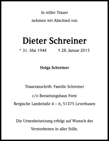 Anzeige von Dieter Schreiner von Kölner Stadt-Anzeiger / Kölnische Rundschau / Express
