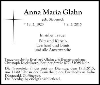 Anzeige von Anna Maria Glahn von Kölner Stadt-Anzeiger / Kölnische Rundschau / Express
