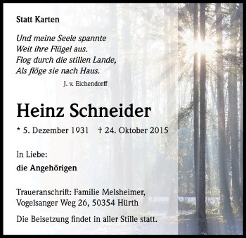 Anzeige von Heinz Schneider von Kölner Stadt-Anzeiger / Kölnische Rundschau / Express