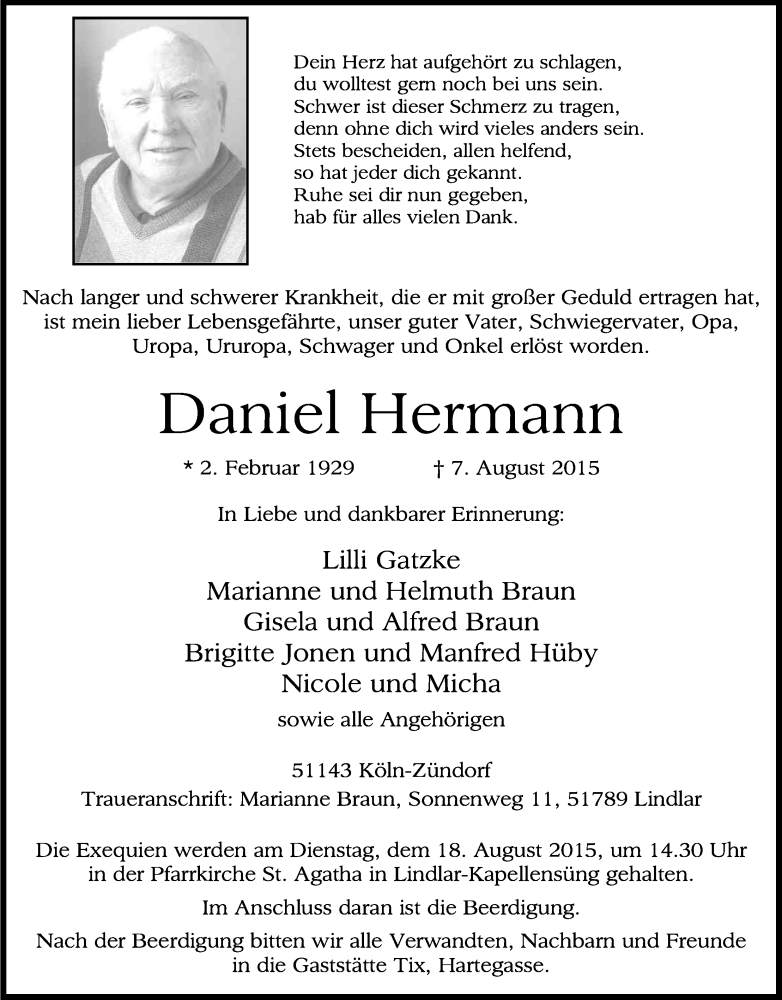  Traueranzeige für Daniel Hermann vom 15.08.2015 aus Kölner Stadt-Anzeiger / Kölnische Rundschau / Express