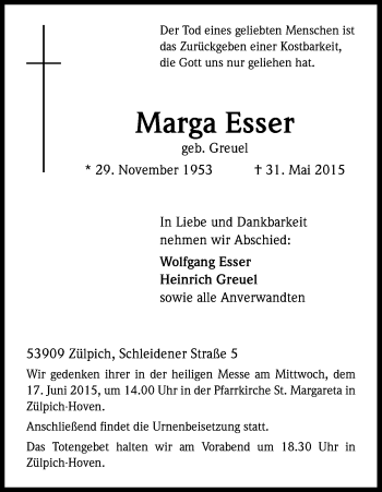 Anzeige von Marga Esser von Kölner Stadt-Anzeiger / Kölnische Rundschau / Express