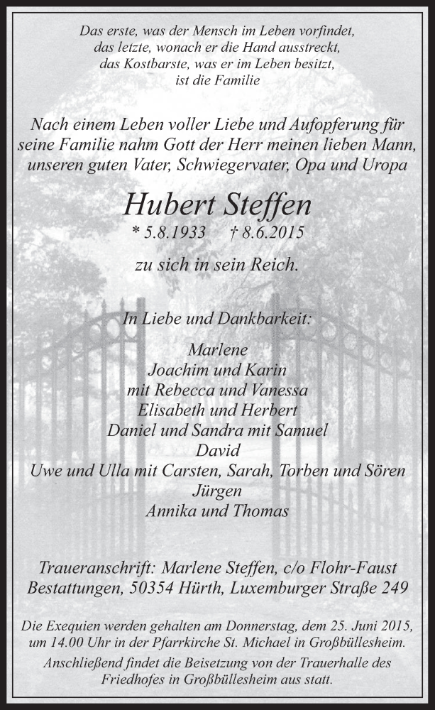  Traueranzeige für Hubert Steffen vom 14.06.2015 aus  Blickpunkt Euskirchen 