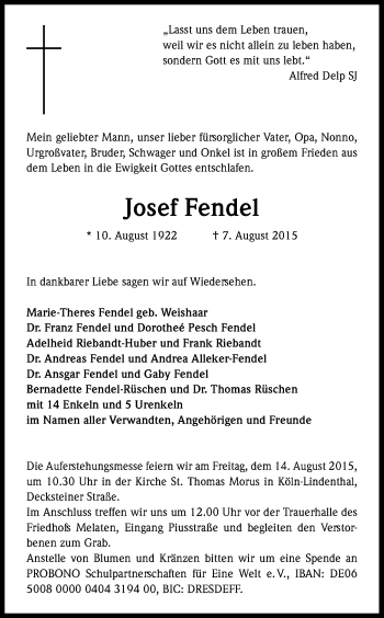 Anzeige von Josef Fendel von Kölner Stadt-Anzeiger / Kölnische Rundschau / Express