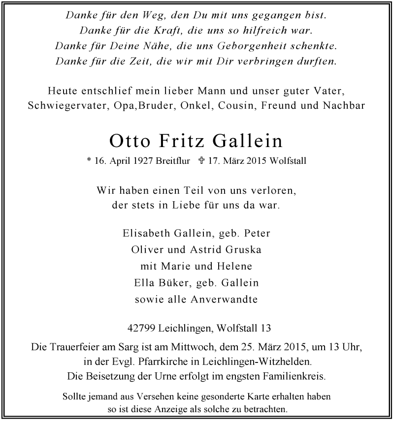  Traueranzeige für Otto Fritz Gallein vom 21.03.2015 aus  Leverkusener Wochenende 