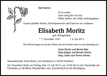 Anzeige von Elisabeth Moritz von Kölner Stadt-Anzeiger / Kölnische Rundschau / Express