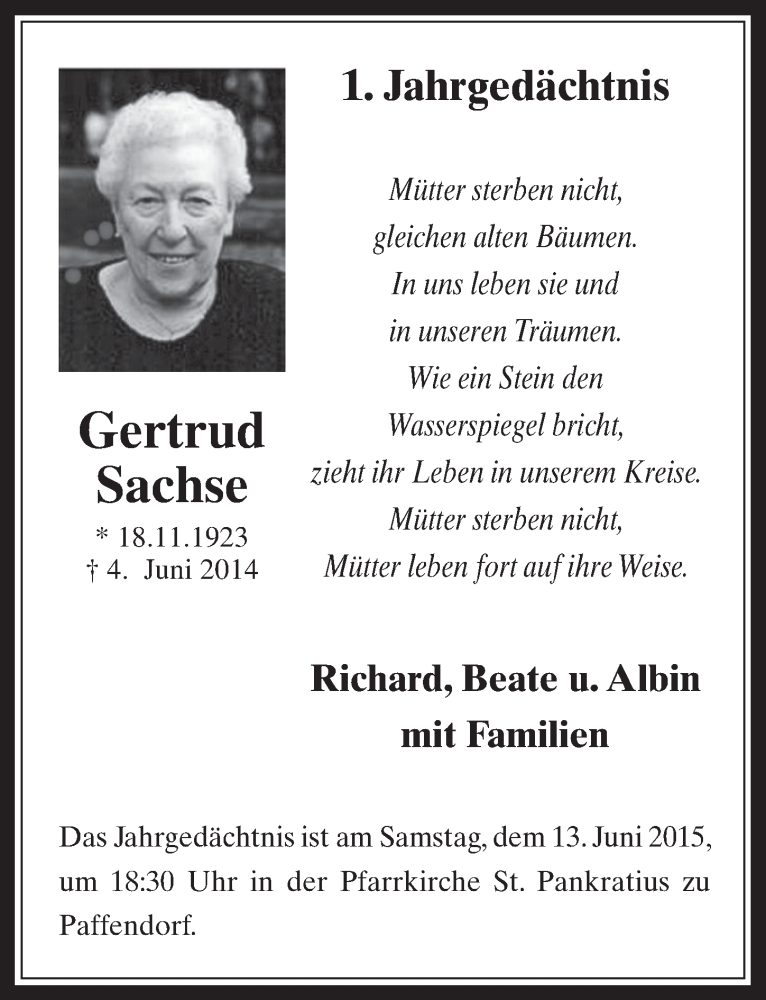  Traueranzeige für Gertrud Sachse vom 03.06.2015 aus  Werbepost 