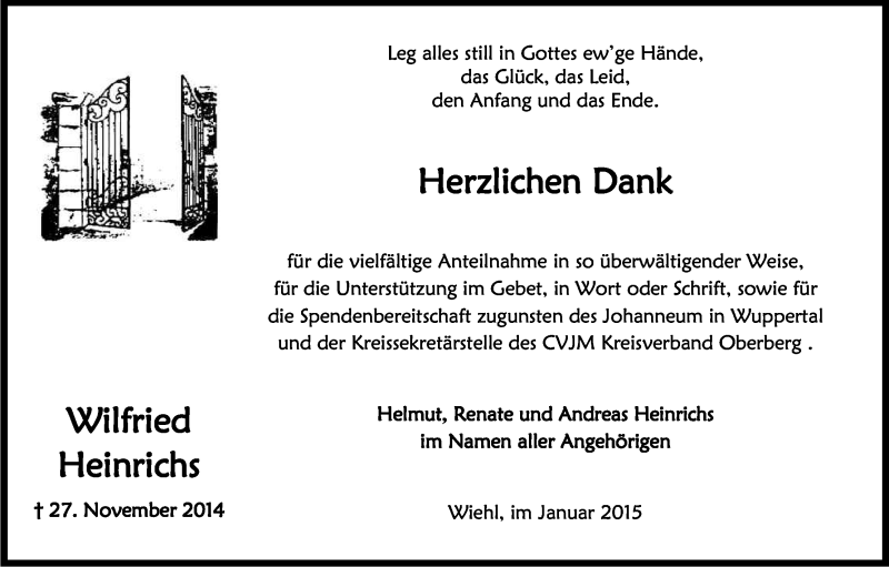  Traueranzeige für Wilfried Heinrichs vom 31.01.2015 aus Kölner Stadt-Anzeiger / Kölnische Rundschau / Express