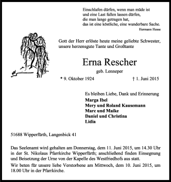Anzeige von Erna Rescher von Kölner Stadt-Anzeiger / Kölnische Rundschau / Express