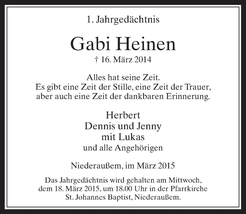  Traueranzeige für Gabi Heinen vom 11.03.2015 aus  Werbepost 