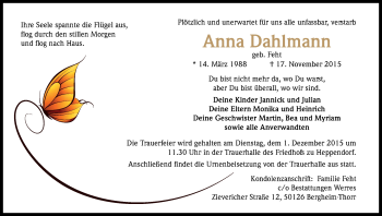 Anzeige von Anna - Luise Dahlmann von Kölner Stadt-Anzeiger / Kölnische Rundschau / Express