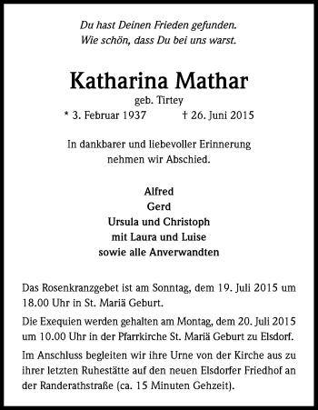 Anzeige von Katharina Mathar von Kölner Stadt-Anzeiger / Kölnische Rundschau / Express