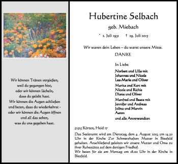 Anzeige von Hubertine Selbach von Kölner Stadt-Anzeiger / Kölnische Rundschau / Express