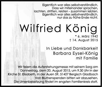 Anzeige von Wilfried König von Kölner Stadt-Anzeiger / Kölnische Rundschau / Express