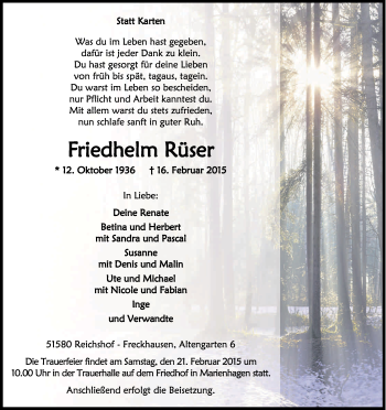 Anzeige von Friedhelm Rüser von Kölner Stadt-Anzeiger / Kölnische Rundschau / Express