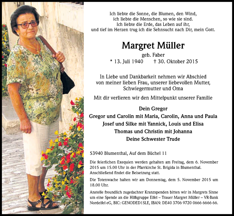  Traueranzeige für Margret Müller vom 03.11.2015 aus Kölner Stadt-Anzeiger / Kölnische Rundschau / Express
