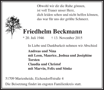 Anzeige von Friedhelm Beckmann von  Anzeigen Echo 
