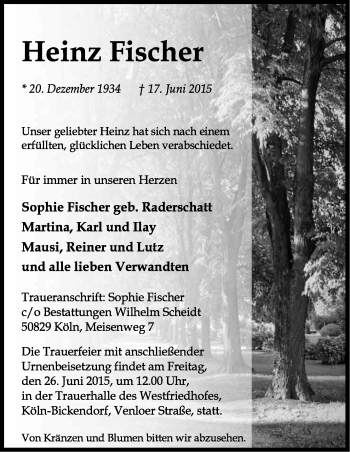Anzeige von Heinz Fischer von Kölner Stadt-Anzeiger / Kölnische Rundschau / Express