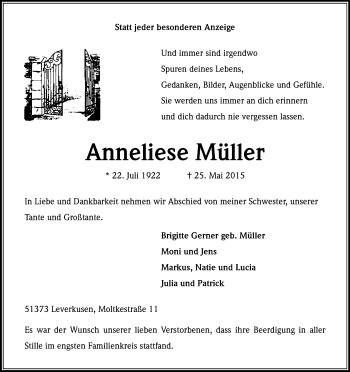 Anzeige von Anneliese Müller von Kölner Stadt-Anzeiger / Kölnische Rundschau / Express