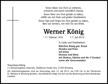 Anzeige von Werner König von Kölner Stadt-Anzeiger / Kölnische Rundschau / Express