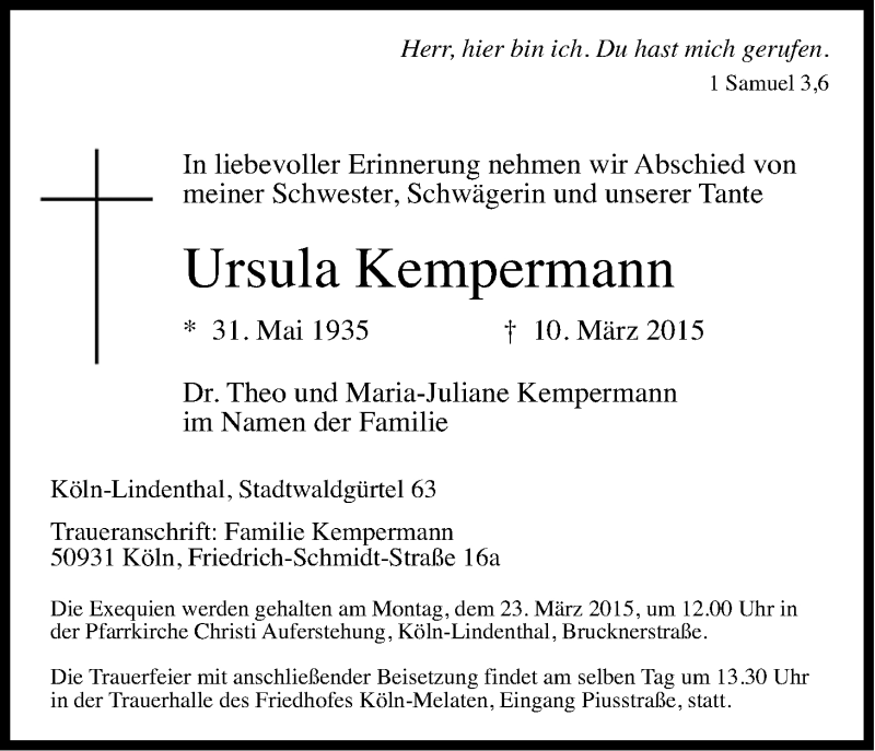 Traueranzeige für Ursula Kempermann vom 18.03.2015 aus Kölner Stadt-Anzeiger / Kölnische Rundschau / Express