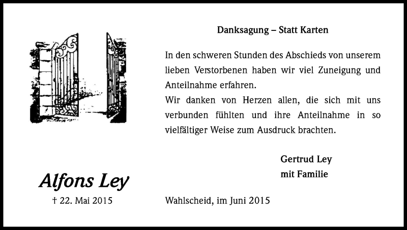  Traueranzeige für Alfons Ley vom 27.06.2015 aus Kölner Stadt-Anzeiger / Kölnische Rundschau / Express