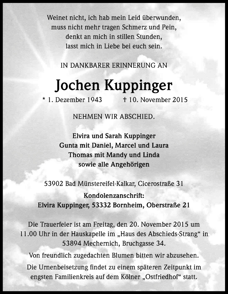  Traueranzeige für Jochen Kuppinger vom 17.11.2015 aus Kölner Stadt-Anzeiger / Kölnische Rundschau / Express