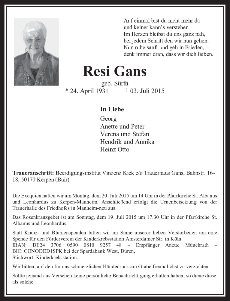  Traueranzeige für Resi Ganz vom 15.07.2015 aus  Werbepost 