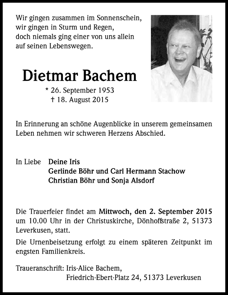  Traueranzeige für Dietmar Bachem vom 25.08.2015 aus Köln - Wir Trauern