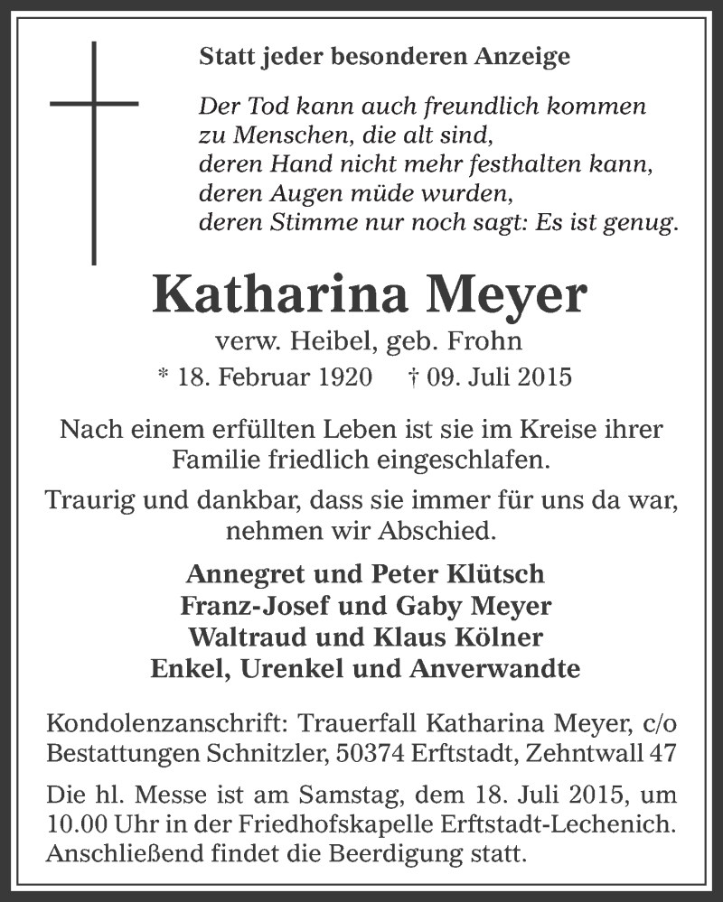  Traueranzeige für Katharina Meyer vom 15.07.2015 aus  Werbepost 