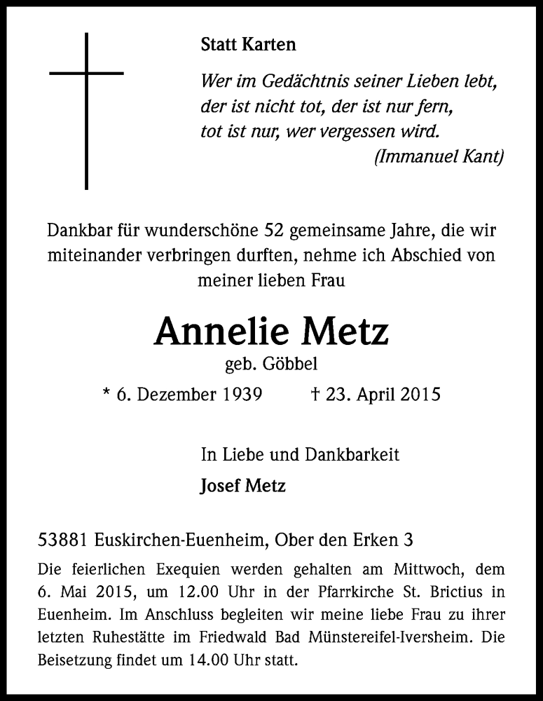  Traueranzeige für Annelie Metz vom 29.04.2015 aus Kölner Stadt-Anzeiger / Kölnische Rundschau / Express