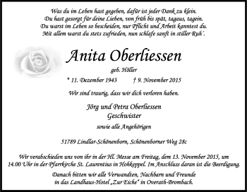 Anzeige von Anita Oberliessen von Kölner Stadt-Anzeiger / Kölnische Rundschau / Express