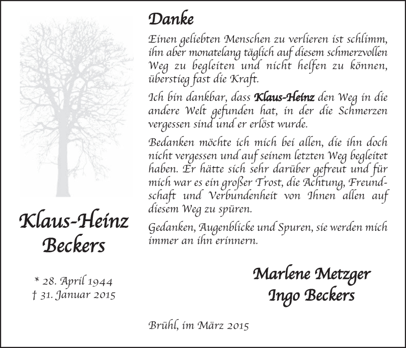  Traueranzeige für Klaus-Heinz Beckers vom 04.03.2015 aus  Schlossbote/Werbekurier 